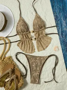 Cafe Boho Bikini Set Two-Piece Halter Neck Bikini Swimsuit Adjustable Cups Cutout Design Beach Vacation Pool Women Summer Gift
