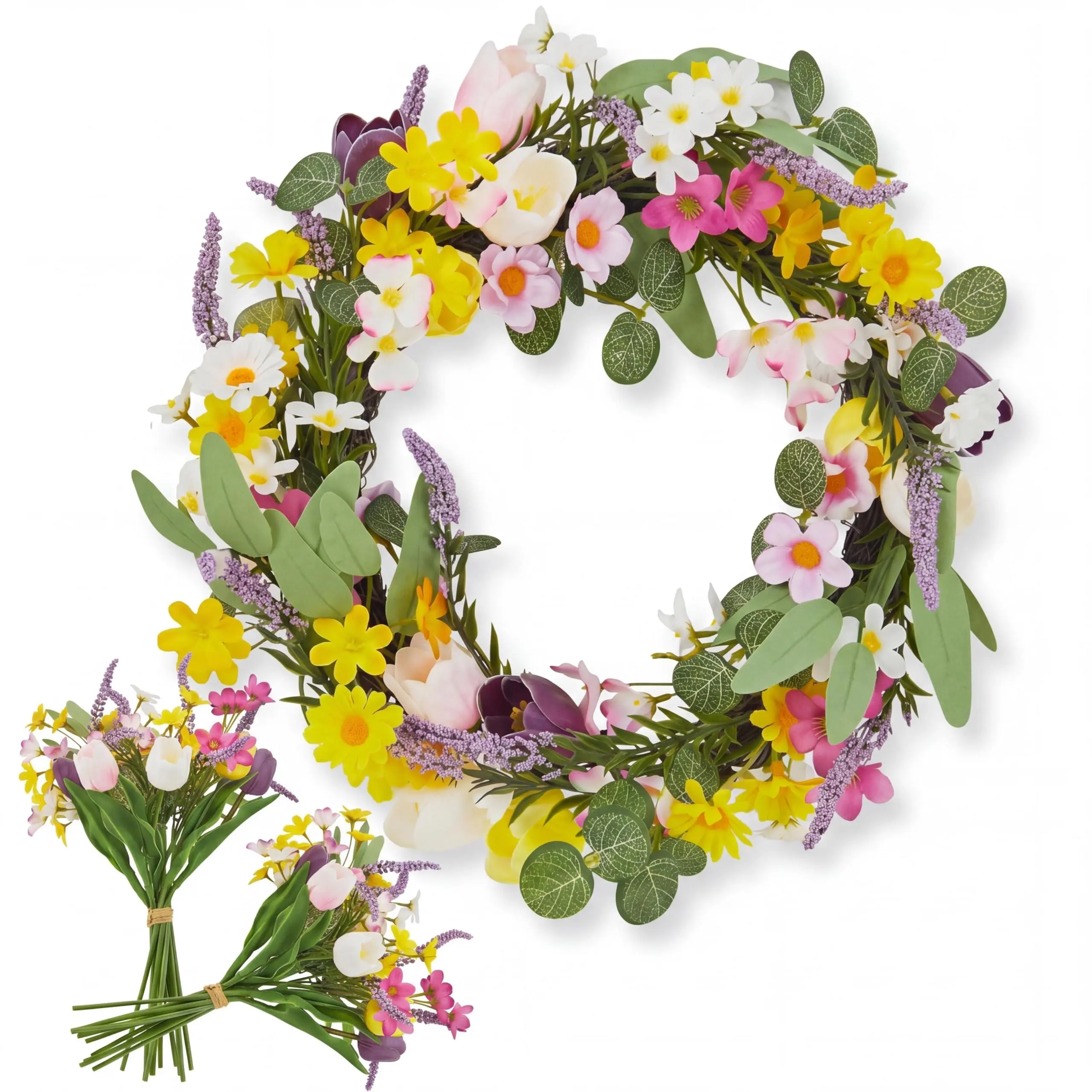 Garvee 18-24in Artificial Tulip & Lavender Easter Flower Wreath Set for Front Door - Real Rattan Base, Eggs, Lush Greenery, 2 Matching Bouquets, Ideal for Porch, Wall & Home Decoration