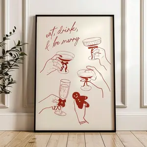 Christmas Drinks Print Red Christmas Poster, Cheers Print for Bar Cart Decor, Eat Drink & Be Merry Poster Trendy Holiday Cocktails Print 7