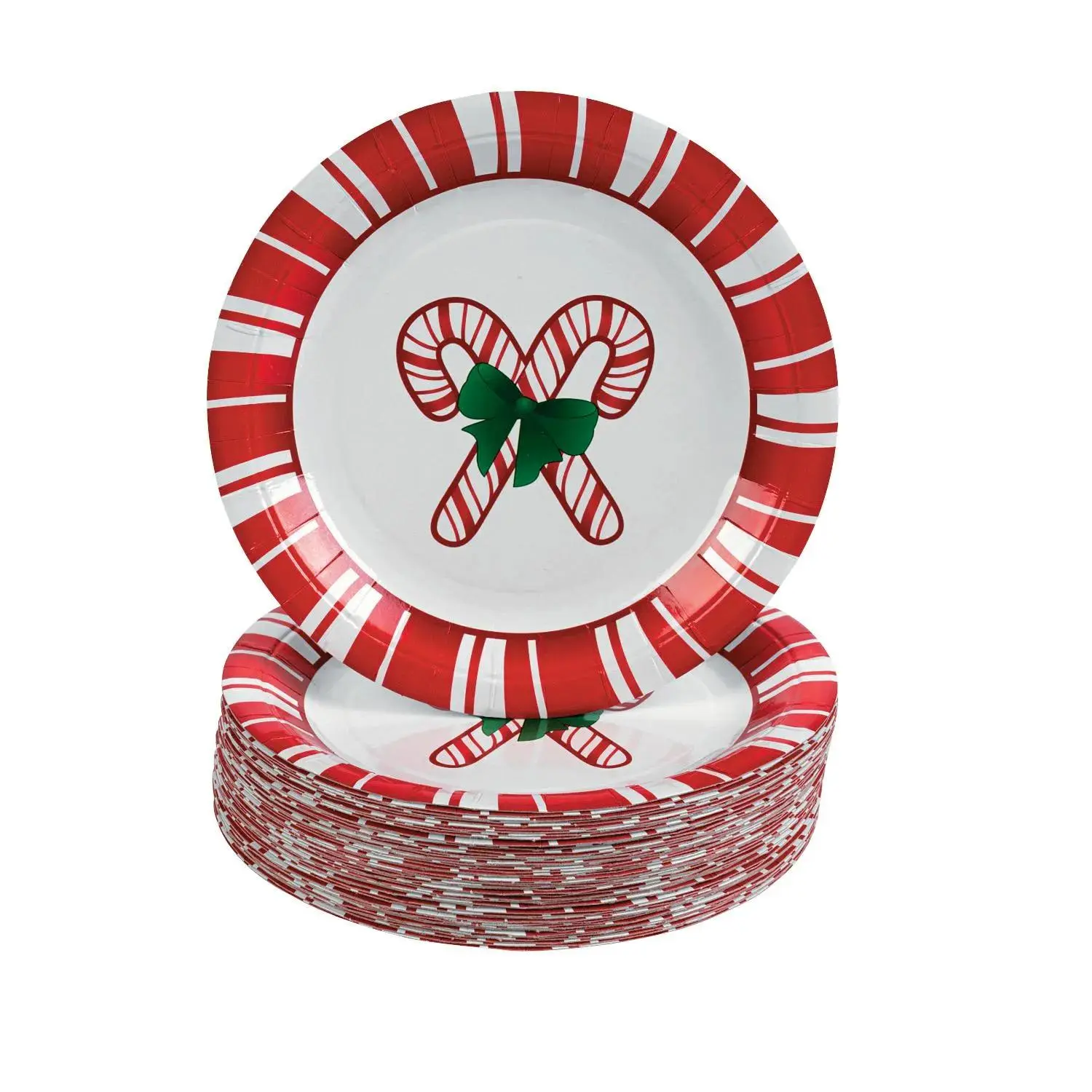 7 in Disposable Party Plates Set - 50 Pc. Bulk Crossed Red & White Candy Canes Paper Dessert Plates, Festival Party Tableware