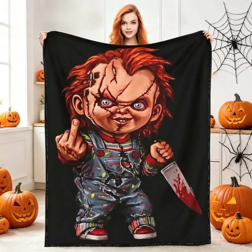 Killer Doll Horror Flannel Blanket, Chucky Style Coral Fleece Plush Throw Blanket for Adults & Kids, Ultra Soft Cozy Warm All-Season Blanket for Bed Sofa Bedroom Home Decor Gift