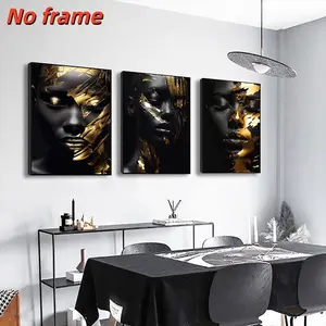 3 pieces African black gold makeup beauty woman decorative painting canvas poster decoration, suitable for, room bedroom living room sofa background wall decoration, sofa background wall decoration, no frame