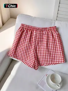 Women's Red Gingham Plaid Woven Shorts, Elastic High Waist, Loose Fit, Lightweight Breathable Fabric, Casual Home & Beach Wear, Relaxed Basic Style, Casual Fashion Shorts