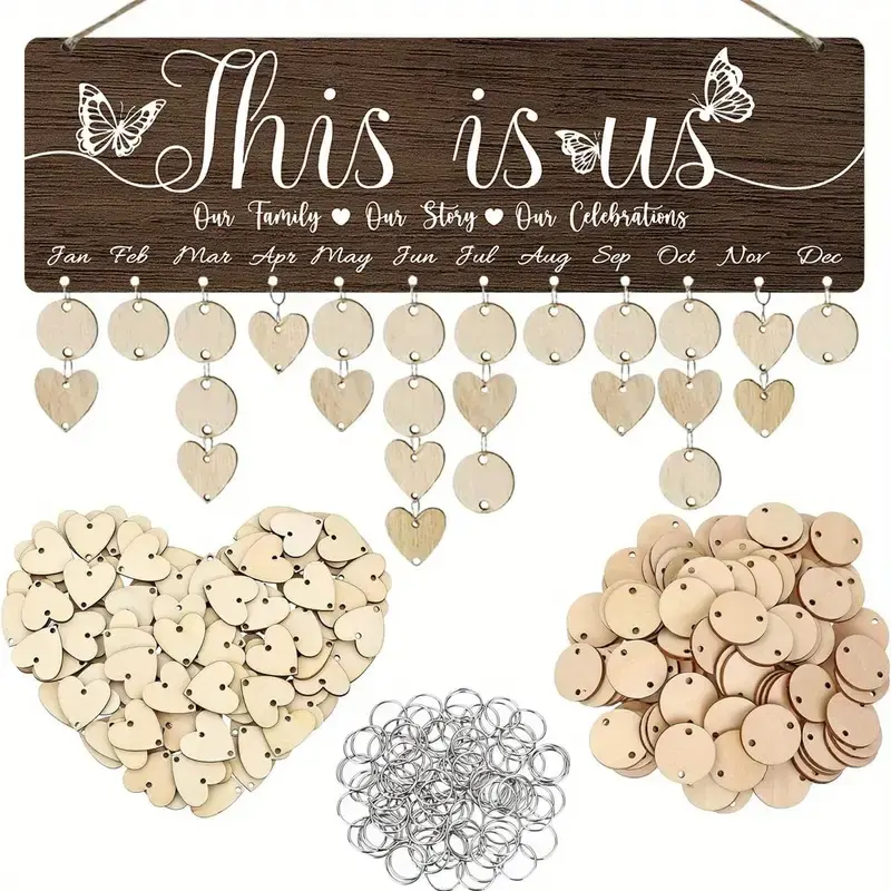 Wooden Family Reminder Calendar Board, 1 Set Rustic Wooden Hanging Birthday Anniversary Reminder with 100 Wooden Plates, DIY Calendar Board, Ornaments, Home Ornaments, Wooden Decorative Ornaments