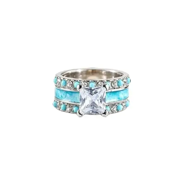 Women's 3-Pcs Elegant Western Turquoise Stacked Ring Set - Silver-Plated Princess Cut Cubic Zirconia Bridal Set Rings for Daily Wear, Cowgirl Engagement Wedding Band, Stacked Rings