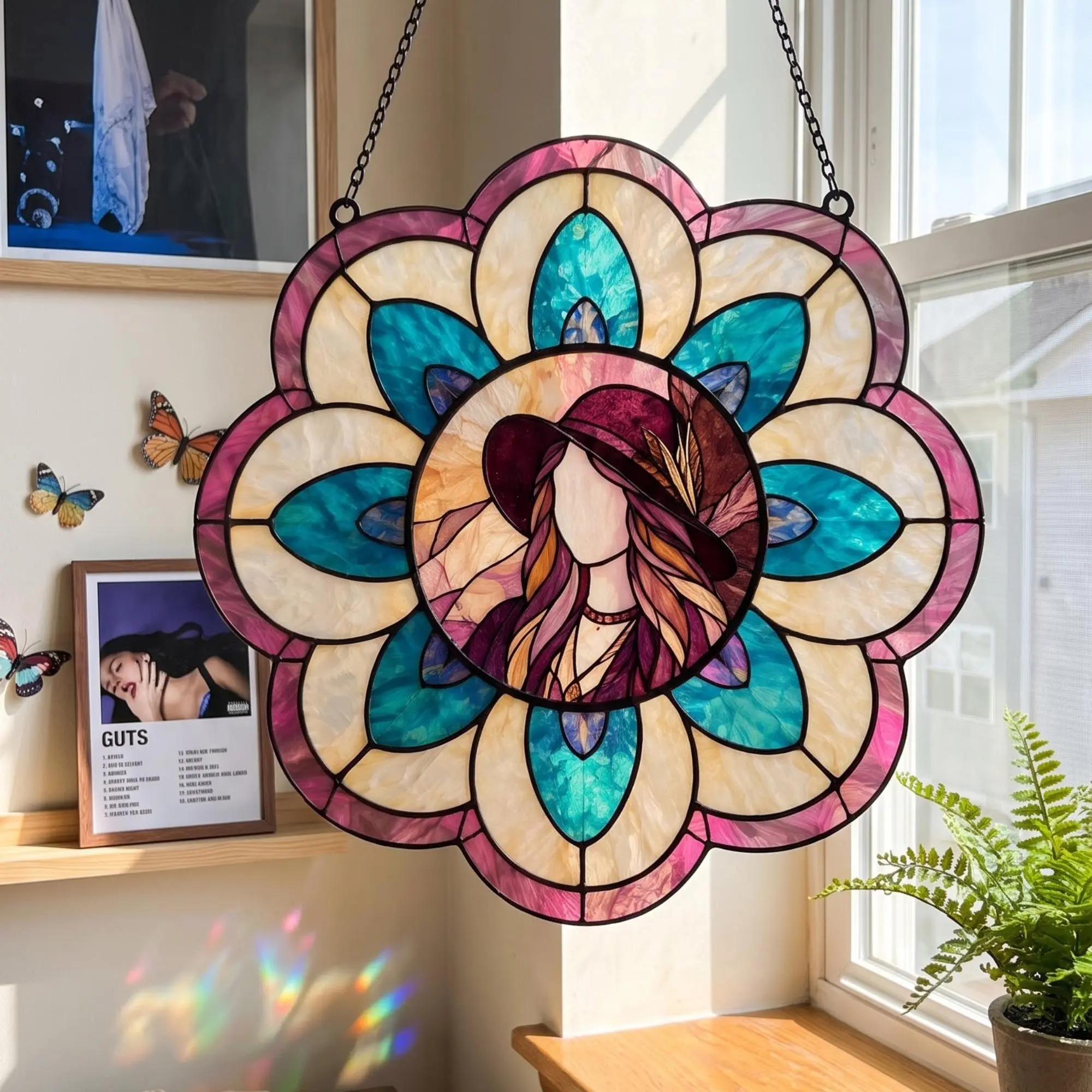Floral Window Hanging Acrylic Suncatcher Concert Vibe Decor Aesthetic Daisy Chain Inspired Ornament Bohemia Room Decor Crystal Light Catcher Housewarming Gift Unique Home Wall Window Accessories Retro Floral Suncatcher