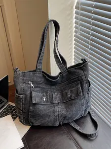 Casual Fashion Large Capacity Multi-Pocket Denim Tote Bag, Casual Trendy Bag, Handheld Shoulder Crossbody, Perfect for Daily Outings