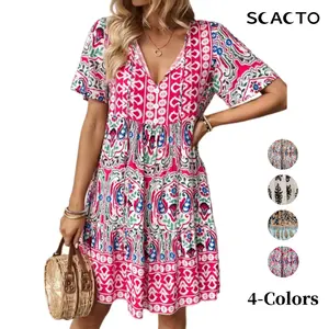 Scacto Women's Floral Print Tie Waist Casual Vacation Dress, Doll Style Leisure Dresses for Daily & Holiday Wear