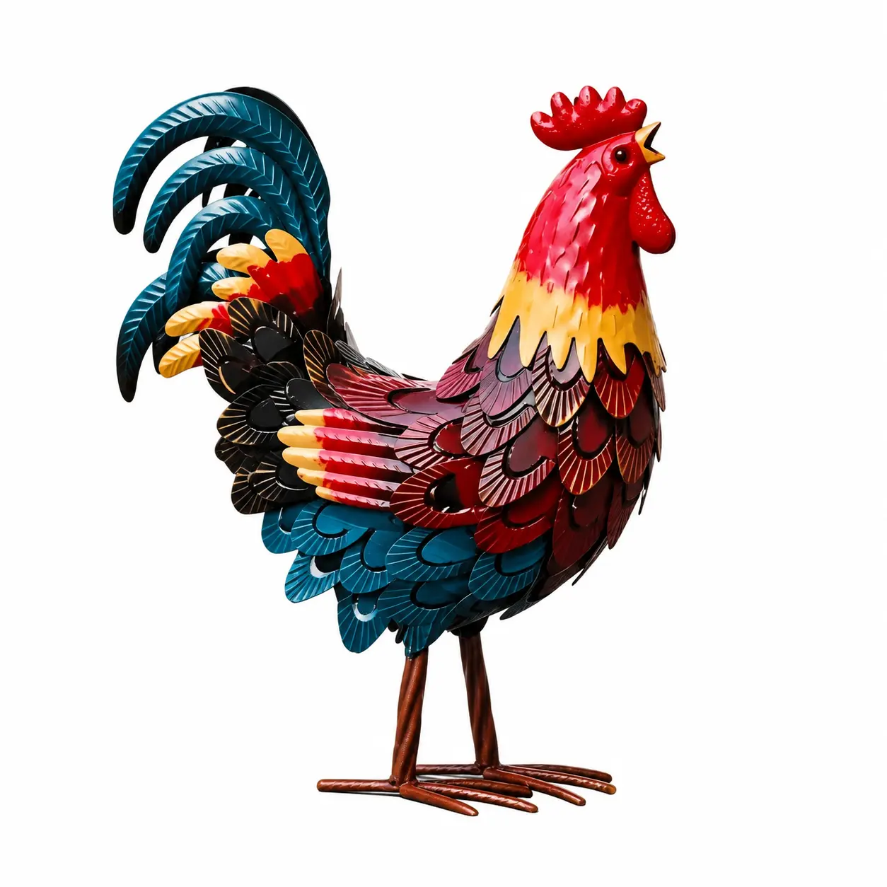 15.75" Metal Rooster Statue, Colorful Layered Feather Iron Chicken Decor, Rustic Farmyard Garden Sculpture