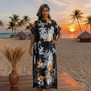 Elegant ice Fabric Floral Print Dress Set, Long Robe & Scarf, Beach Cover-Up, Sun Protection, All Seasons Wear, Women's Fashion