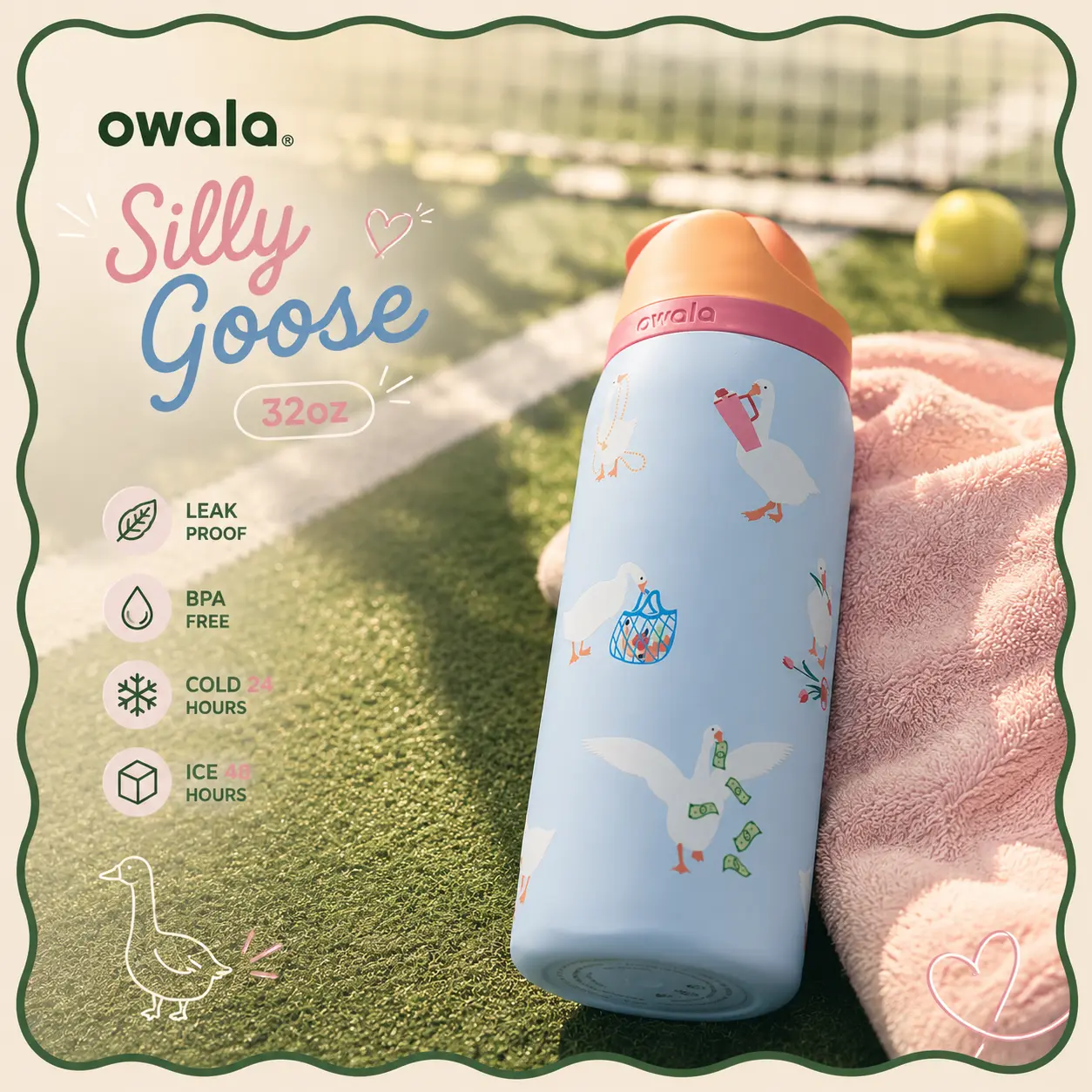 Owala Silly Goose 32oz FreeSip Water Bottle – UO Exclusive Cute Goose Collection Leakproof Vacuum Insulated Stainless Steel Travel Bottle, BPA-Free for Gym, Work & Hiking