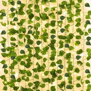 14 Pack 98ft Fake Ivy Vines Artificial Ivy Garland with 100 LED String Lights Hanging Plants Greenery Backdrop Green Leaves for Bedroom Room Wall Decor Wedding Party Table Decoration