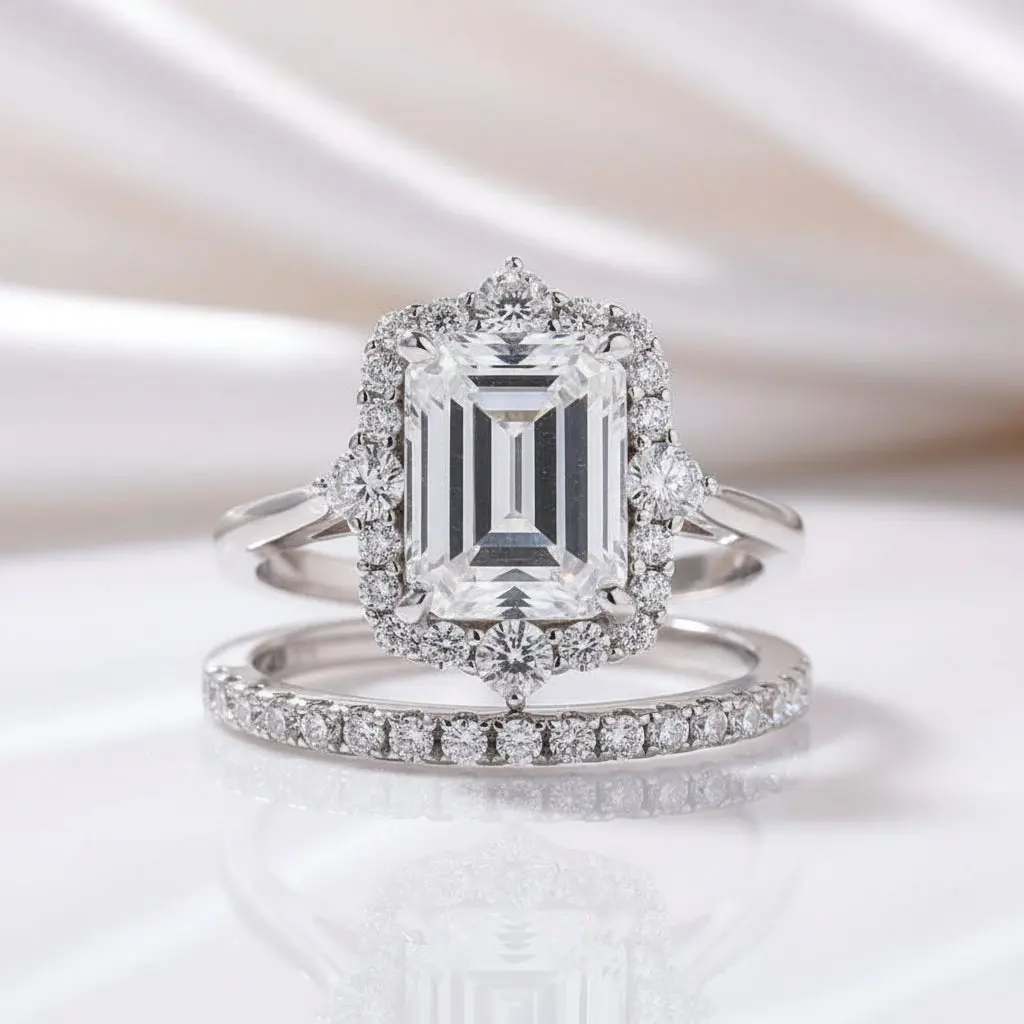 Unique Halo Emerald Cut Wedding Ring Set