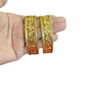 Traditional Broad Gold Plated Bangles Set of Two Size 2.8 with Intricate Design