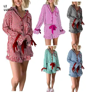 Women Christmas Y2k Pajamas Bow Tie Long Sleeve Shirt and Ruffle Shorts Cute 2 Piece Xmas Print Sleepwear