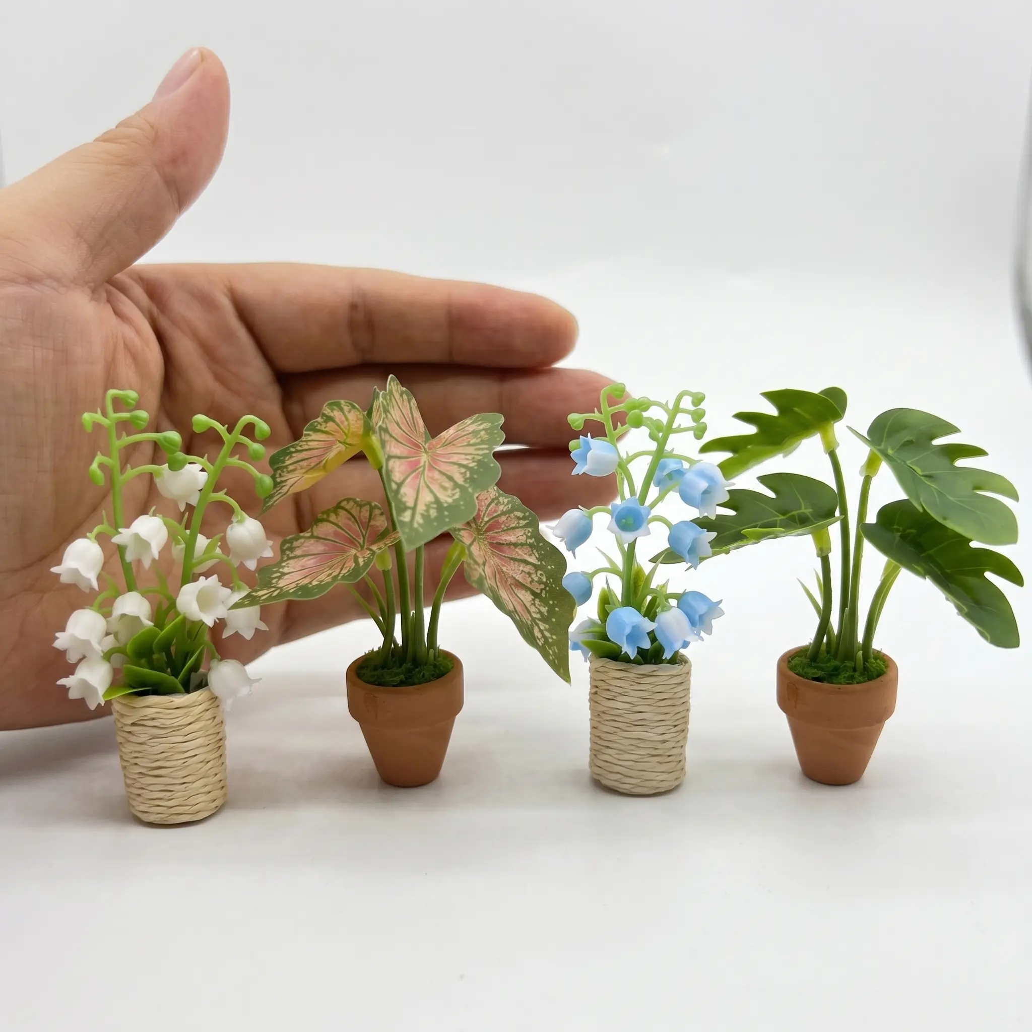 4 Pcs 1:12 Scale Decorative Dollhouse Miniatures - Tiny Faux Monstera, Caladium & Lily of the Valley Potted Plants, High-Quality Resin & Plastic, Maintenance-Free for Desk Decor