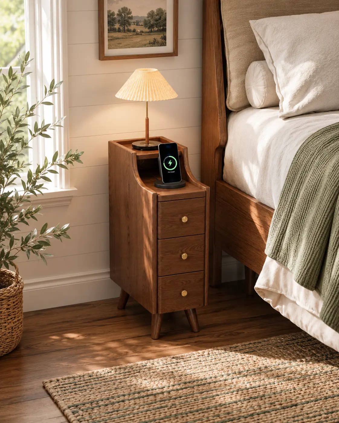 iunvr Skinny 7.9in Wide Narrow Solid Wood Nightstand - 2 Fabric Glide Drawers, Modern Farmhouse Style, Water-Resistant Finish, Assembly Required, Small Space Bedroom Storage Square End Table with Open Shelf Access