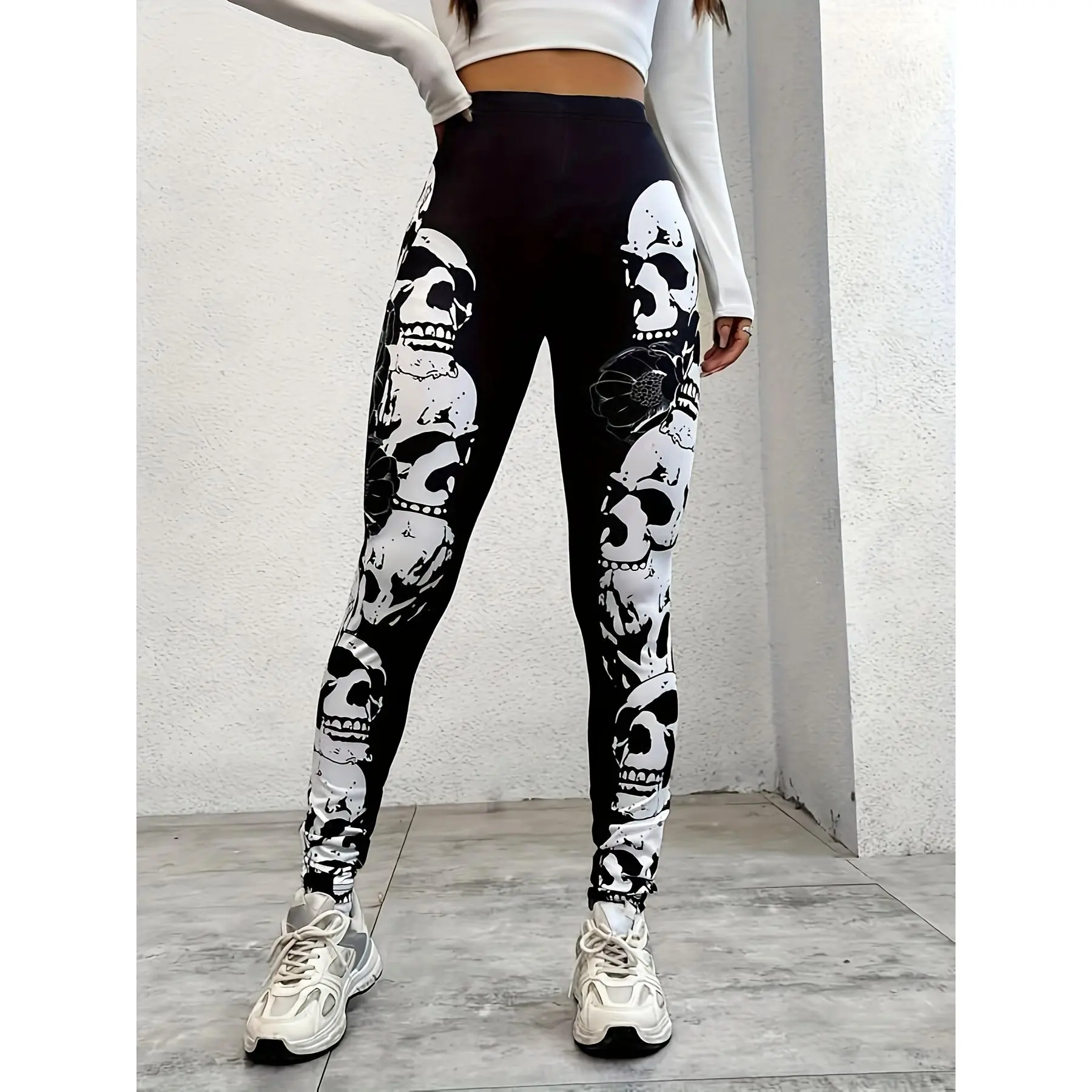 Skull Print Skinny Leggings for Women – Casual High-Waisted Stretchy Fit, Trendy and Comfortable Fabric Floral