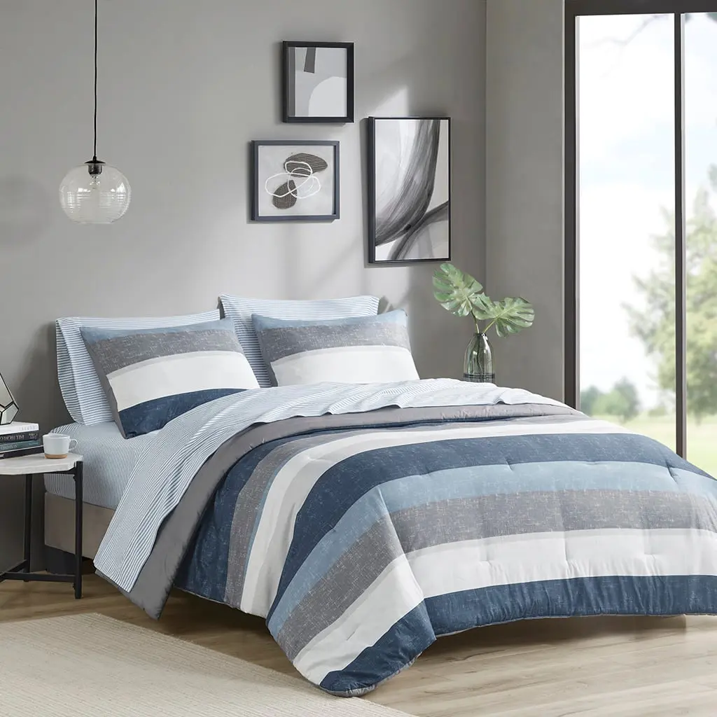 Madison Park Essentials MPE10-985 Twin Size Stripe Print Bedding Set - 68x86x1.5in Jaxon Stripe Comforter, Blue & Grey Bedsheet, Bed Cover, Machine Wash, Commercial Washer and Dryer Recommended, Bed Cover Set, Bedsheet Sets