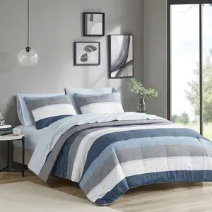 Madison Park Essentials MPE10-986 78 x 86 x 1.5 in. Jaxon Stripe Comforter Set with Bed Sheets, Blue & Grey - Full Size