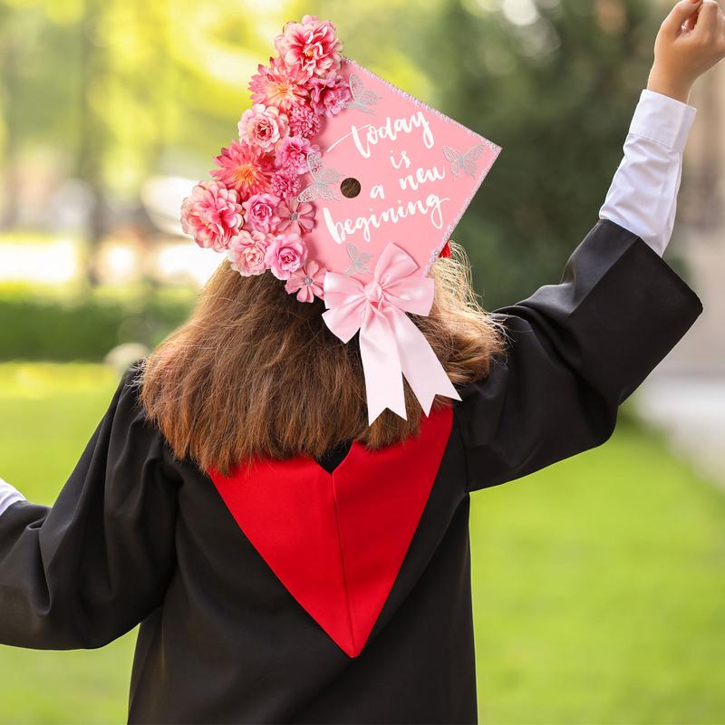 Graduation Cap Decoration Kit with Artificial Flower Heads 3D Butterfly Construction Paper Stickers Pearl Adhesive Dots Satin Bow for Grad Cap Topper DIY Craft Art Decor Grad Gift