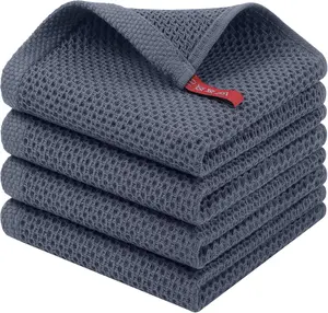 100% Cotton Waffle Weave Kitchen Dish Cloths 12" X 12 ", 4-Pack Ultra Soft Absorbent Dish Towels, Quick Drying Dish Rags, 12 x 12 Inches, Dark Grey