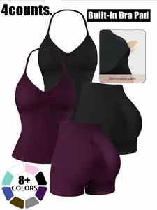New Women's High-Waisted Yoga Set, Abdominal Control, Solid Halter Top, High-Waisted Sport Shorts, Comfortable Daily Wear, Summer Fitness, Yoga Outfit