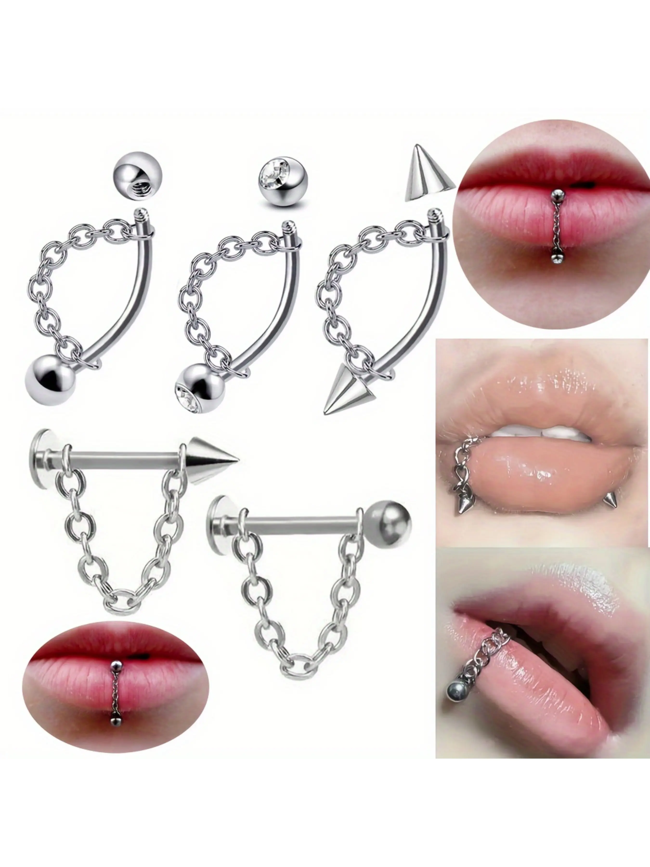 2pcs Fashion Simple Stainless Steel Chain Ball Spike Lip Ring, Vertical Labret Jewelry, Dual-Use Curved Bar Chain Eyebrow Ring Ear Bone Ring, Detachable Piercing Jewelry, Body Jewelry for Women's Daily Wear Non Tarnish Jewelry Body Jewellery
