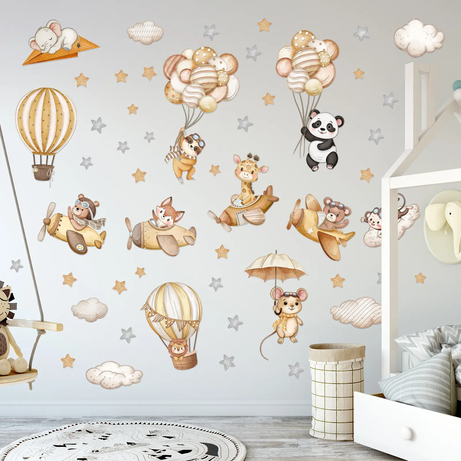 A set (30*90cm*4pcs) of hot air balloon small animal 2D flat wall stickers, home decoration self-adhesive wall stickers, Decorative Sticker, Art Stickers, Decorating, MG7522-NL