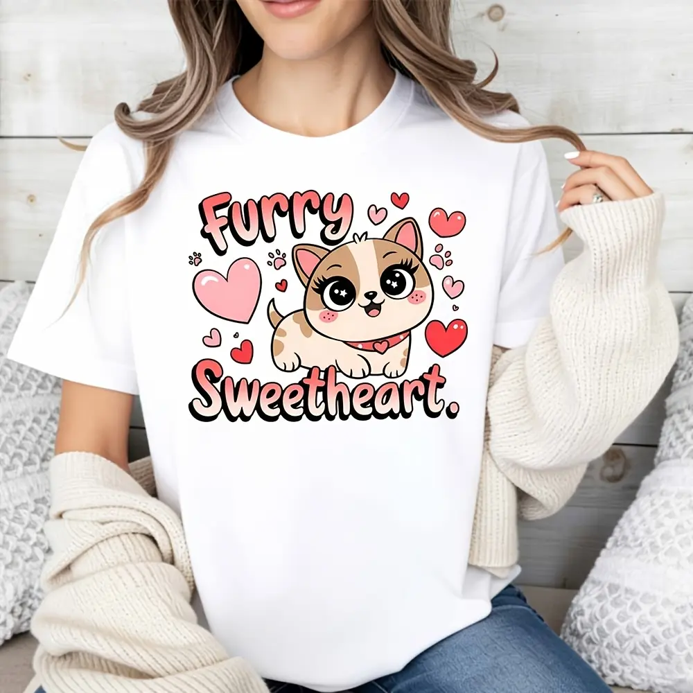 Women's 3XL Loose-Fitting Breathable Cotton Short-Sleeve Round Neck Graphic T-Shirt - Cute Kawaii Furry Sweetheart Cat Hearts Paw Prints, Essential Casual Summer Oversized Top, Gift For Cat Lovers, Machine Washable, Hang Dry, Do Not Tumble Dry