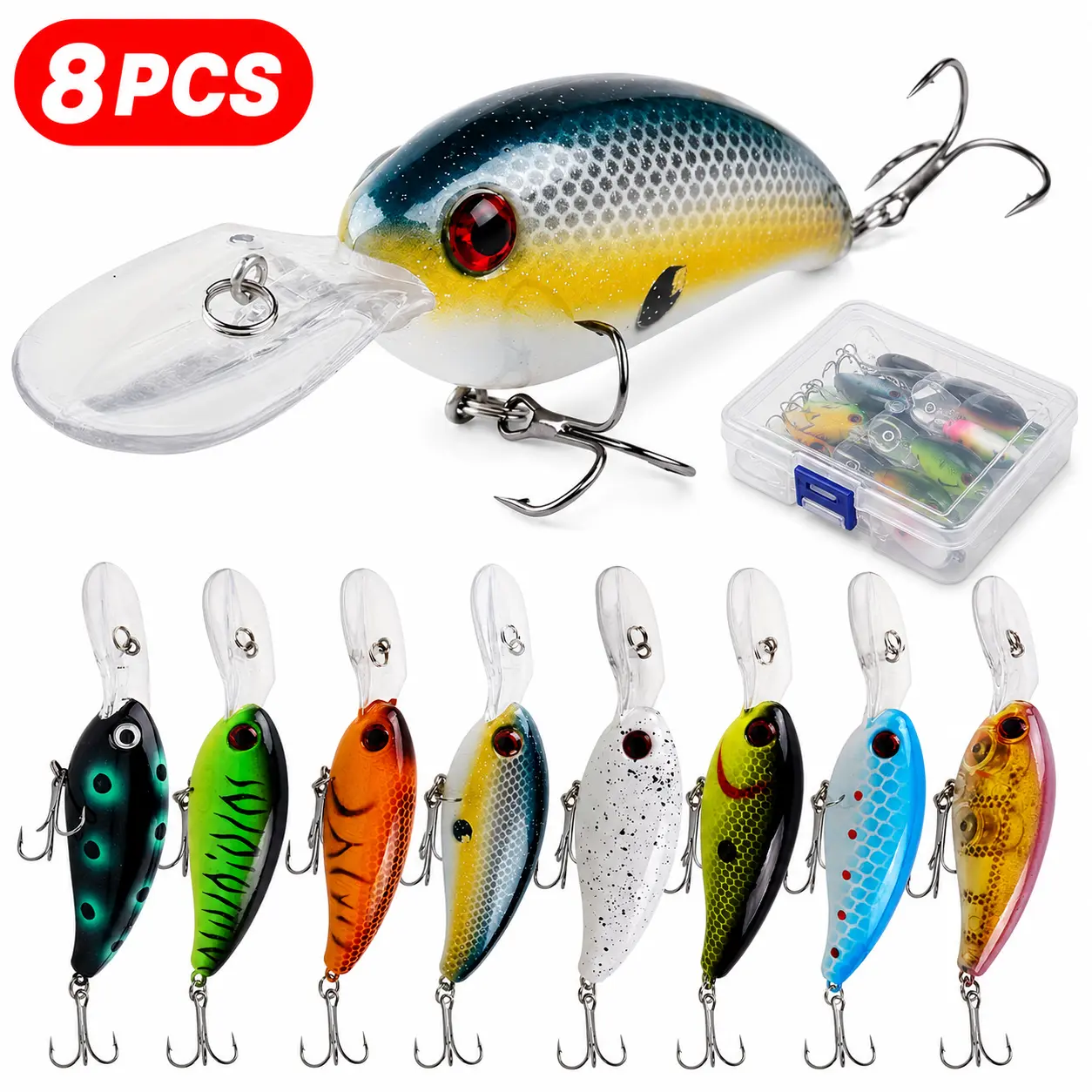 8PCS Crankbait Fishing Lure Set with Tackle Box, 4in Deep Diving Hard Baits, 14g Built-in Gravity Ball Lures with Treble Hooks for Bass Fishing