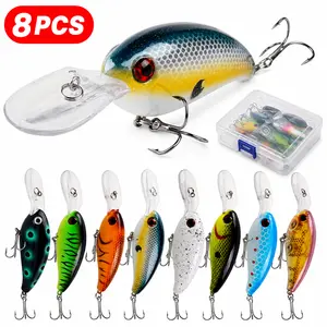 8PCS Crankbait Fishing Lure Set with Tackle Box, 4in Deep Diving Hard Baits, 14g Built-in Gravity Ball Lures with Treble Hooks for Bass Fishing