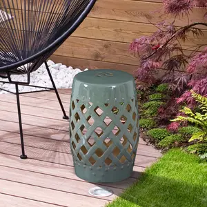 13" x 18" Glazed Ceramic Garden Stool - Woven Lattice Design, Strong Outdoor Decorative Side Table Furniture, Green
