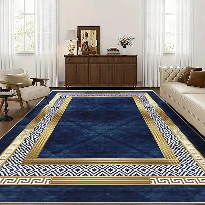 European-style blue and gold patterned carpet, available in multiple sizes, with a non-slip design that is comfortable and soft, suitable for bedrooms, beside the bed, dorm rooms, living rooms, and other home decor settings.