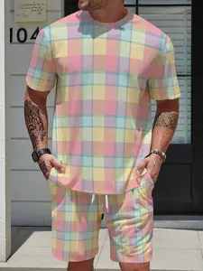 Colorful checkered short-sleeved short pants set - Men's summer loose-fitting casual beach-style versatile outfit