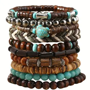 10Pcs Fashion Bohemian Turquoise & Wooden Beaded Handwoven Bracelet Set For Women & Men, Loose & High Stretch Bracelet, Perfect For Casual Daily Wear & Outdoor Activities