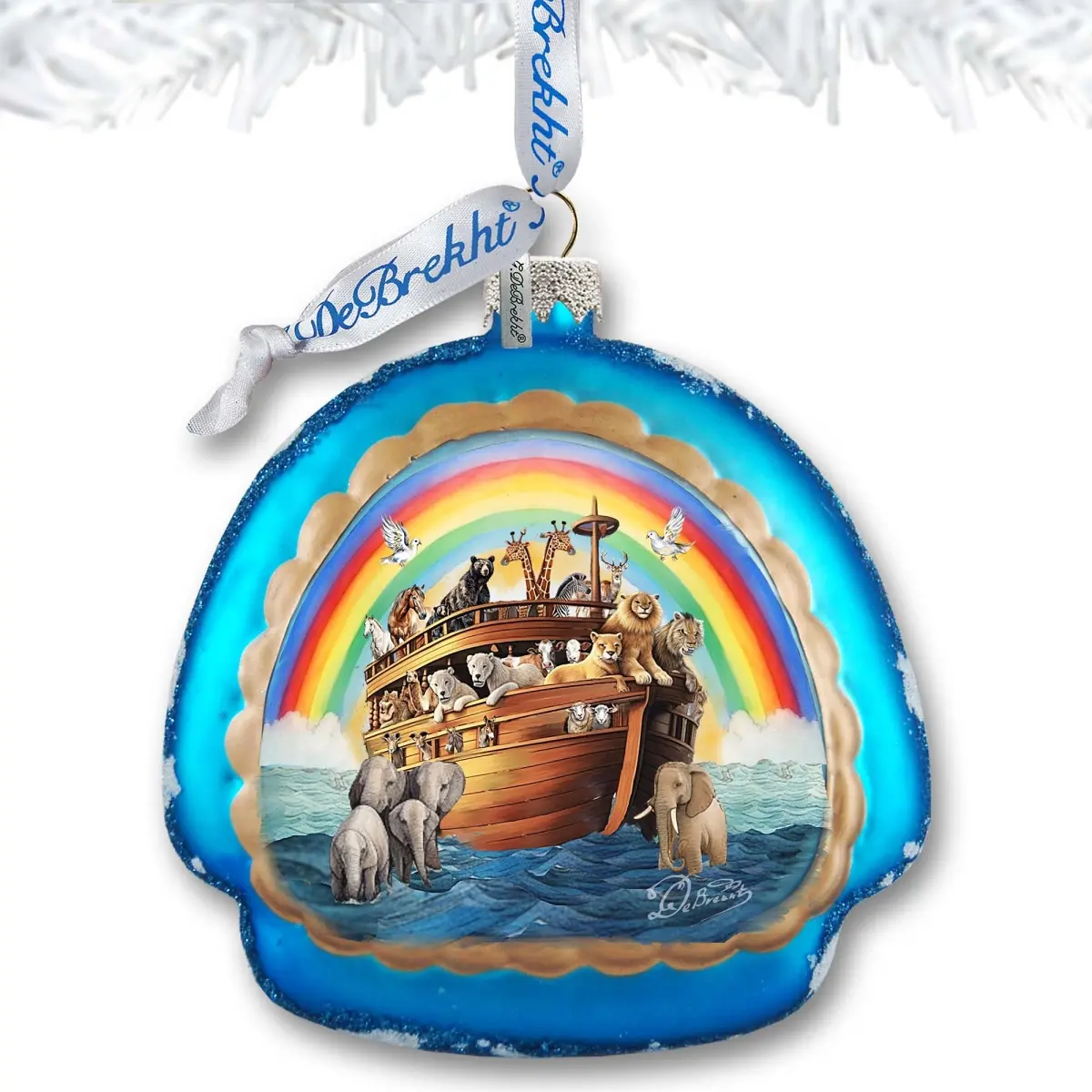 Designocracy 756-022 4x3.5 in. Handblown Hand-Painted Noah's Ark Rainbow Glass Ornament, Satin-Accent Holiday Christmas Tree Decoration, Indoor Home Festive Decor with Box