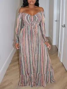 Motionkiller  Stripe  Casual  Chic  Printed Off-Shoulder Dress