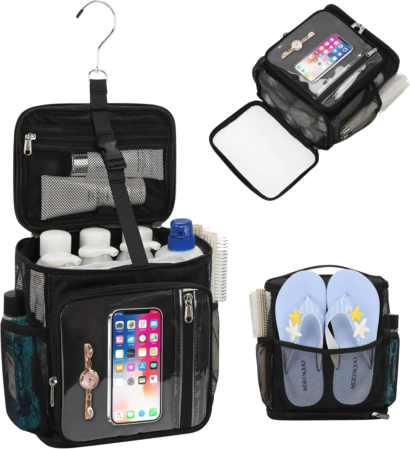 Hanging Shower Caddy Portable Bag - Quick Dry Shower Tote for Dorm College Essentials, Water-Resistant Travel Toiletry Bag with Separate Compartment & Multiple Pockets (Black, M)