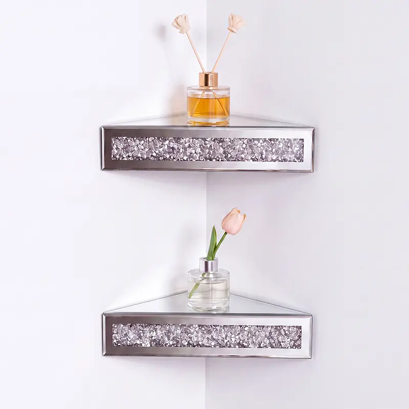 Home Decor 2-Piece Mirrored Floating Corner Shelves - Silver, Diamond Decor Wall-Mounted Organizer for Crystal Wall Art Display,multi-scene use for living room, bathroom & kitchen storage.