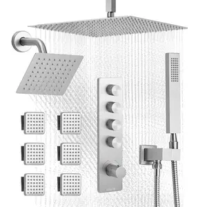 VEVOR Shower Faucet Set, 16 Inch Thermostatic Ceiling Mount Rainfall Shower System with 6 Inch Wall Mount Head, 6 Body Jets and Handheld Spray, Dual Rain Head Brass Valve and Trim Kit, Brushed Nickel