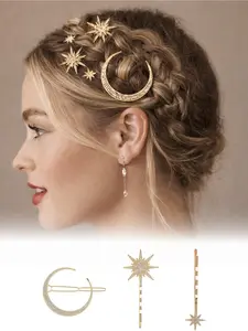 3-piece set of rhinestone-like star and moon shaped hair clips for women, celebrating the Ramadan festival. Perfect for fixing bangs and broken hair, suitable for holiday parties, gatherings, and as gifts for friends and family Goddess Hair Clip