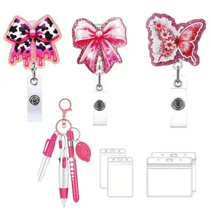 Pink series: glitter bow badge clip with 360° extendable/retractable design; includes an ELD pen, keychain set, and waterproof card holder; cute medical ID badge clip with a retractable, rotating design—durable and practical.