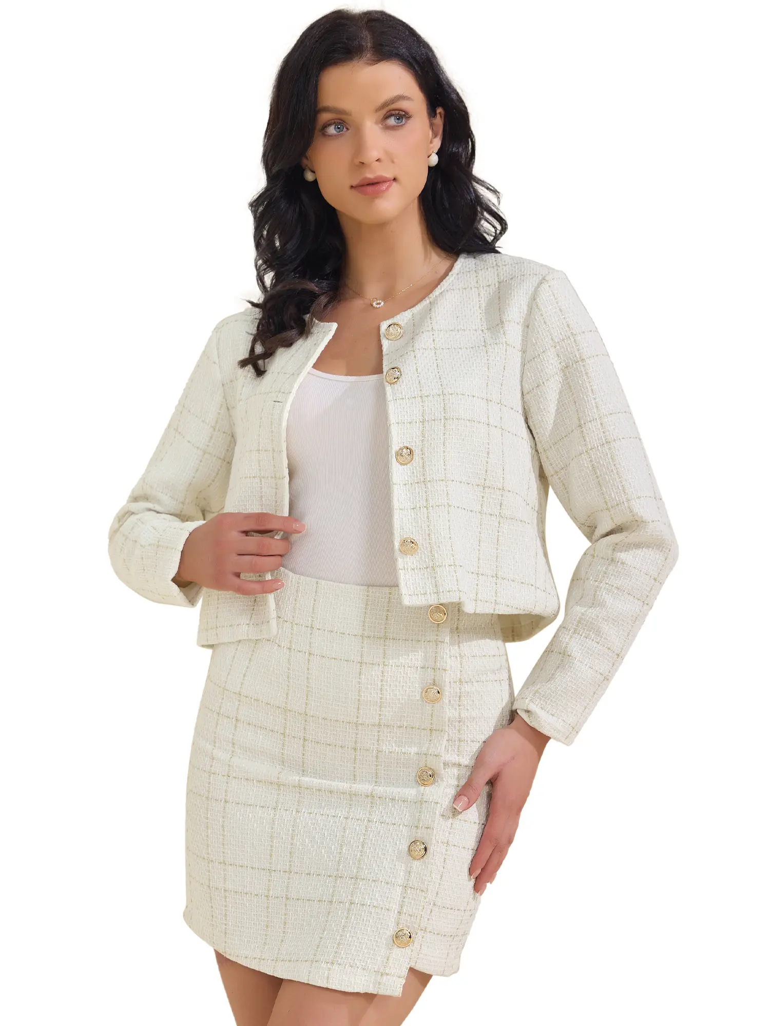INSPIRE CHIC Women's 2 Piece Skirt Sets Tweed Blazers Button Down Jacket Mini Skirt Set Business Casual Outfits