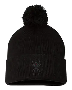 Black Widow Spider Embroidered Knit Beanie Pom Cap