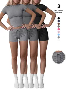 Women's 2-Piece Workout Sets, Casual Short Sleeve Lounge Wear, Slim-Fit Drawstring Design, Above Knee Hems, All-Season Clothing, Casual Workout Loungewear