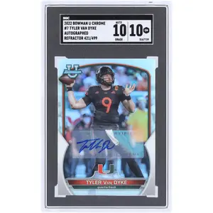 Tyler Van Dyke University of Miami Autographed 2022 Bowman Chrome U Refractor #7 #421/499 SGC Authenticated 10/10 Card - Fanatics Authentic Certified