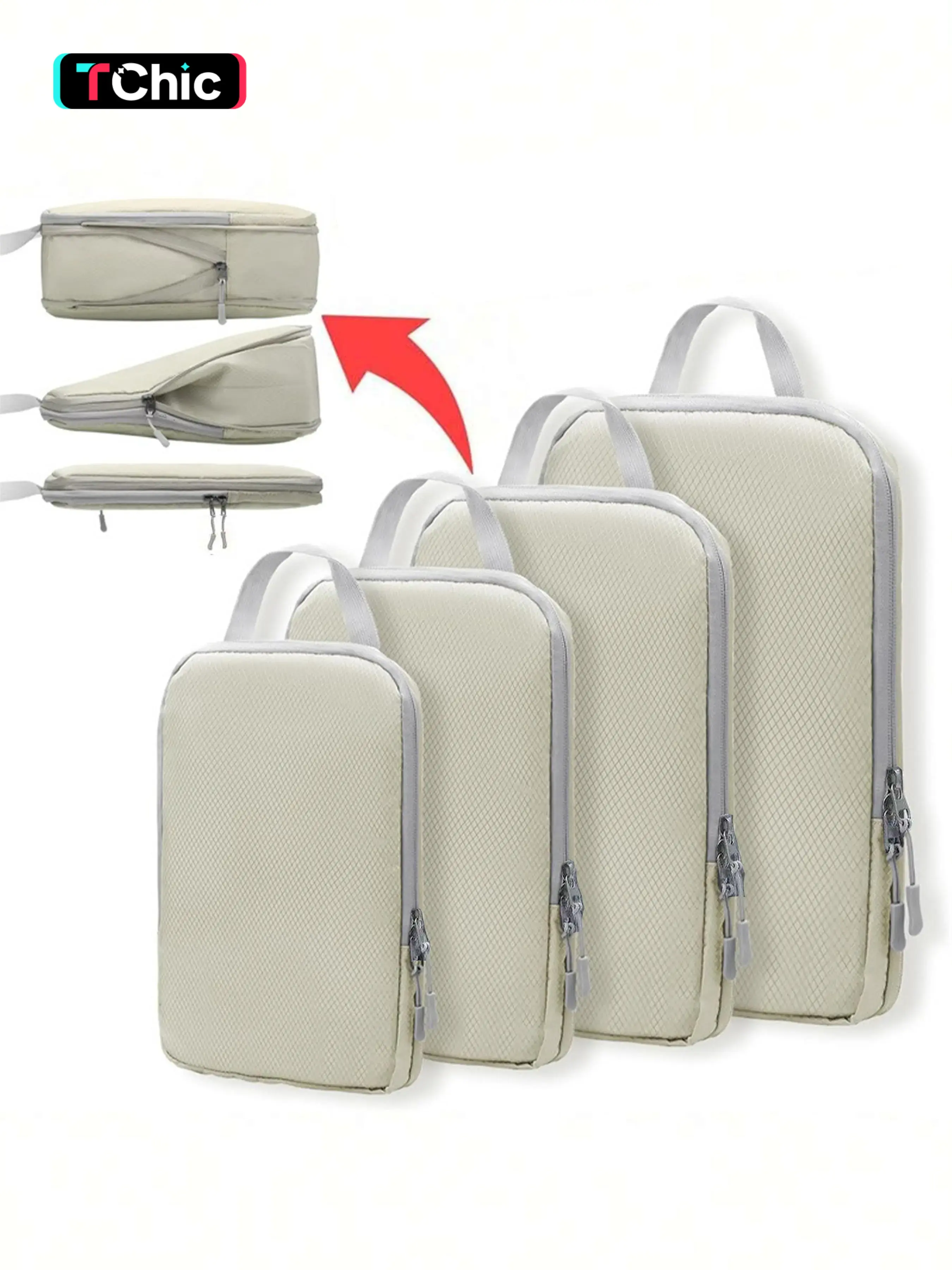 A 4-piece compression-packed cubic travel storage bag set featuring a durable and reusable design, anti-RFID functionality, and a classic aesthetic, Travel Organizer Bags, Travel Accessories, Travel Gear, Travel Essentials