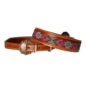 Leather Dog Collar Beaded Inlay Red,Pink & Mint