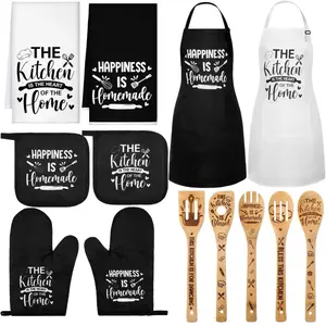 13 Pcs Bee Sunflower Farmhouse Kitchen Set Include 5 Cute Wooden Spoons 2 Kitchen Towels 2 Kitchen Apron 2 Oven Mitts 2 Bee Sunflower Pot Holders for Housewarming Gifts(Black, White,Kitchen)